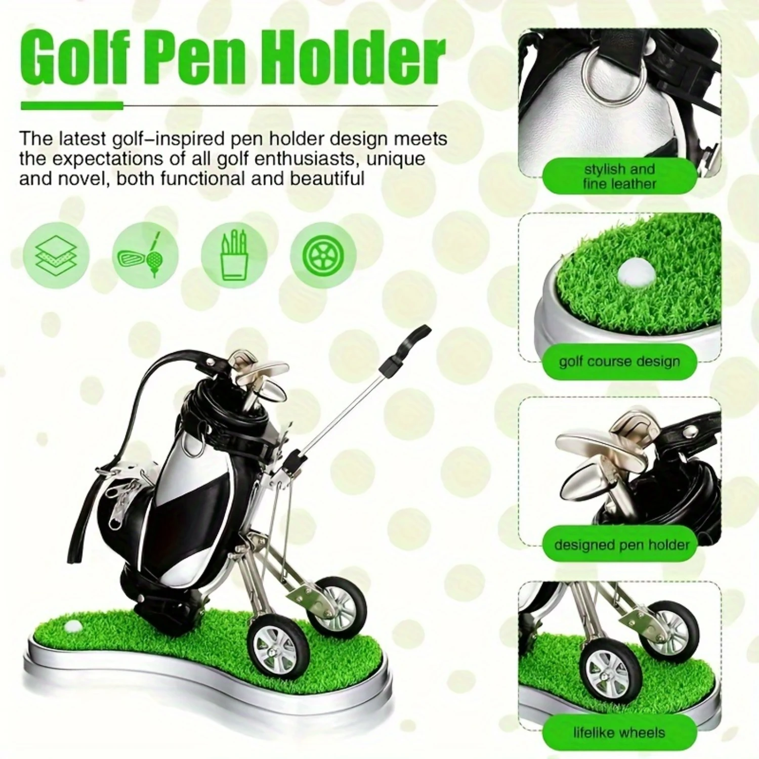 

1pc Creative Exquisite Golf Cart Holder Pen Holder Set, PU Plus Zinc Alloy, With Three Pens Golf Office Gift Ball Table Accesso
