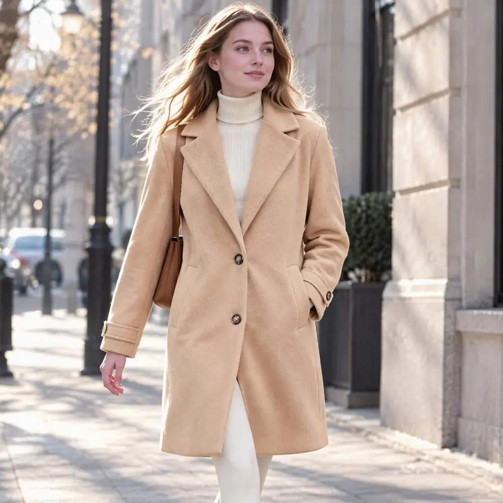 Wear Long Jacket Women’s Wool Long Coat Notch Lapel Overcoat with Pockets Single Breasted Solid Color Trench Coat for Fall