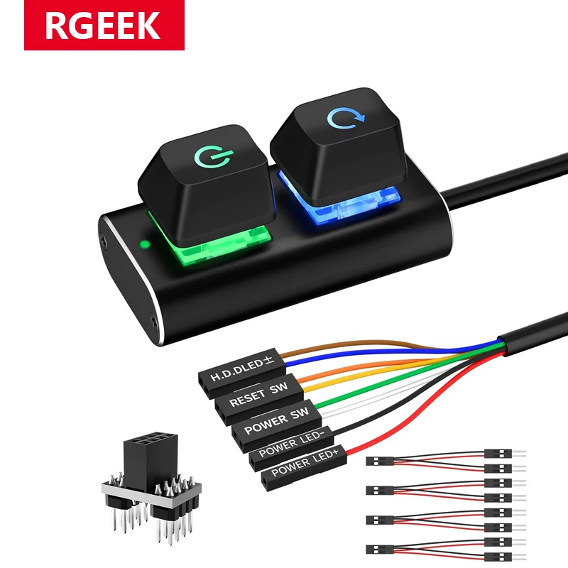 RGEEK Aluminum External PC Power Switch Button With Splitter ON Off Reset SW HDD LED PC Button for Desktop Computer Motherboard