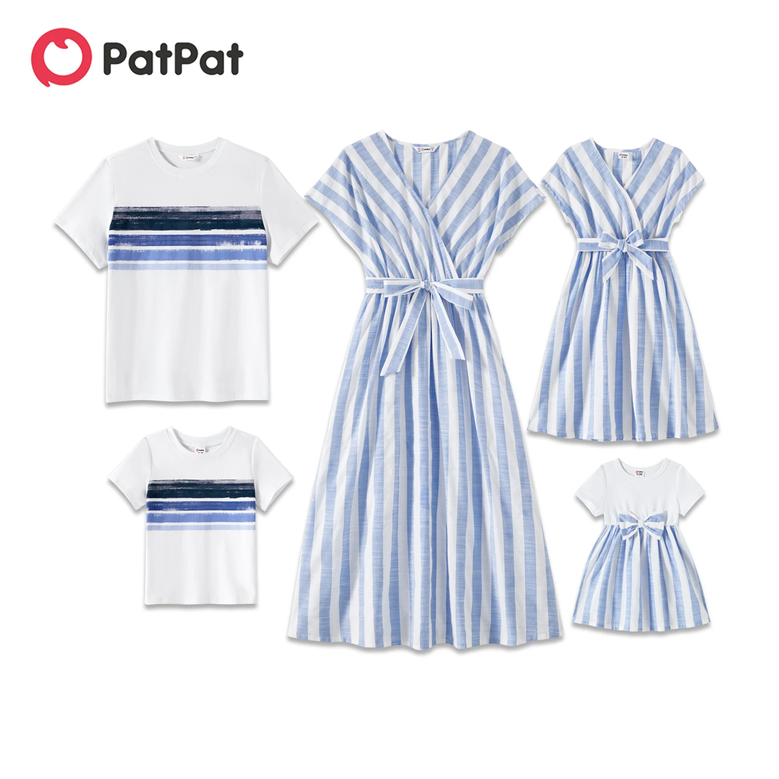 PatPat Family Matching Outfits Cotton Short-sleeve Spliced Tee and Striped Surplice Neck Short-sleeve Belted Dresses Sets