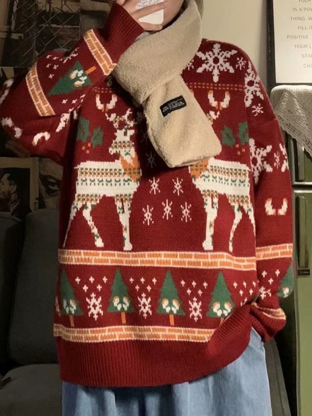 

Cisas Deer Knitwear Couple Outfit Lazy Sle Autumn Winter Loose Knitted Sweater Men Women New Year Trendy Line irt