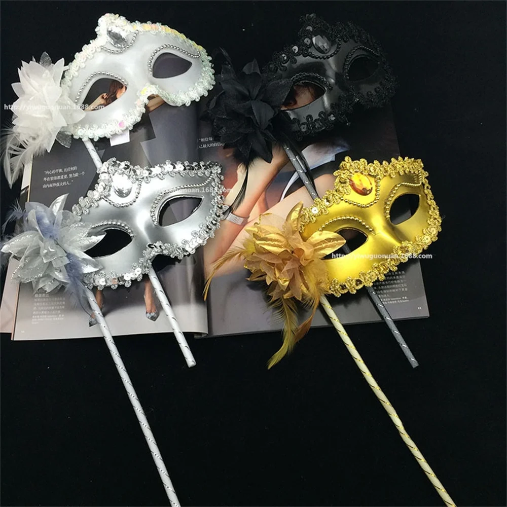 1 Pc Halloween Party Mask With Holding Stick Evening Prom Masquerade Mask Stage Cosplay Props Venetian Half Face Masks For Women