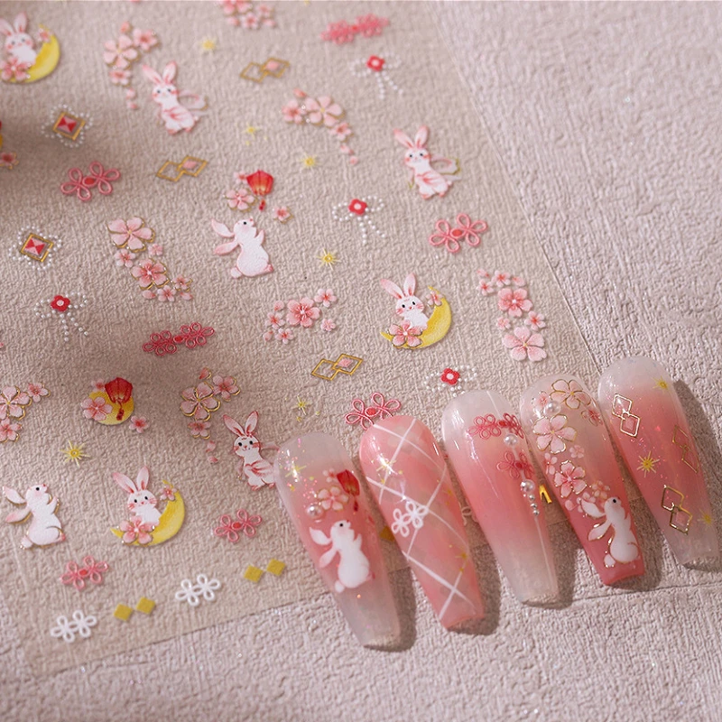 Pink Peach Blossom Bunny Moon Lantern Chinese Knot Button 3D Self Adhesive Nail Art Sticker Cute Rabbit Manicure Decal Wholesale