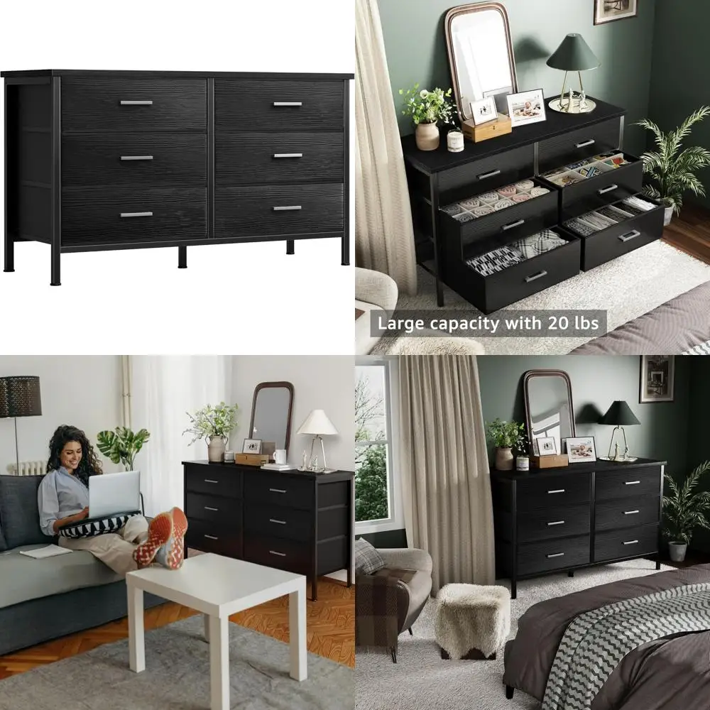 خزانة ملابس سوداء كبيرة لغرفة النوم 6 أدراج، وخزائن قماش واسعة وصناديق ذات أدراج حديثة