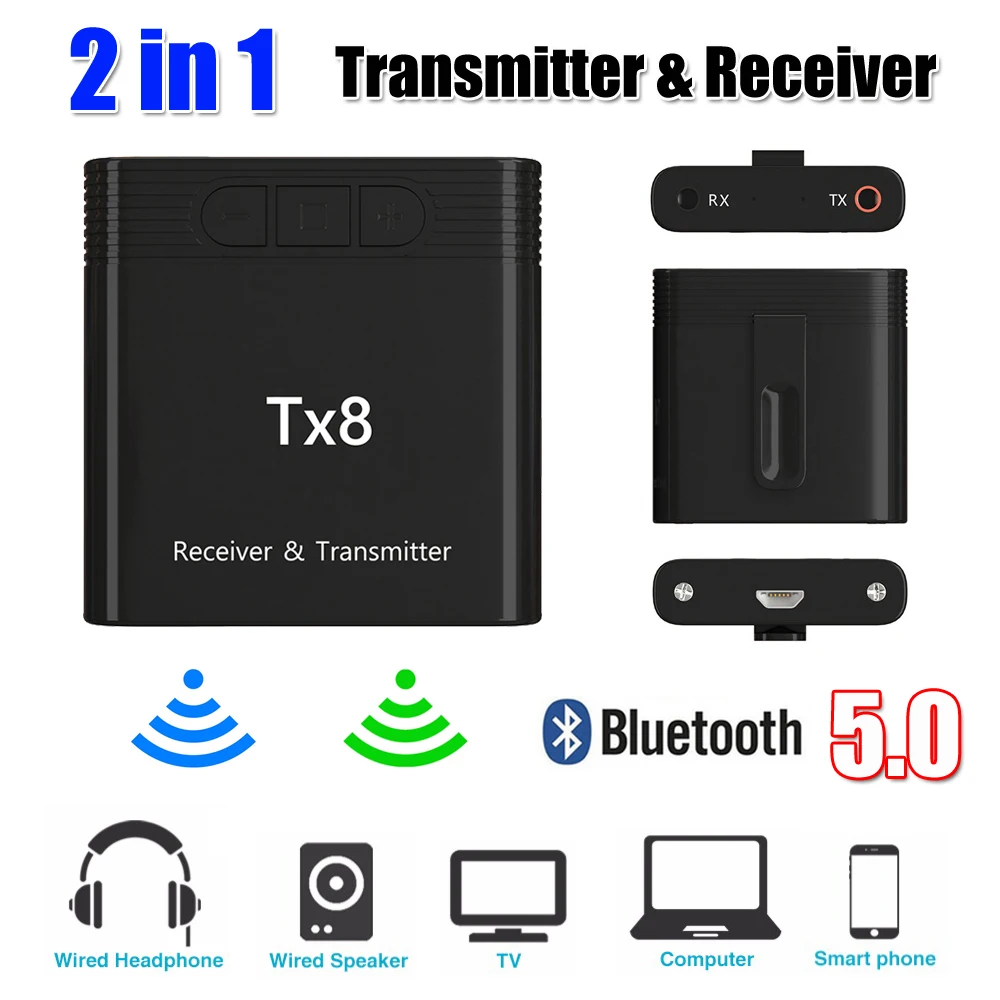 

TX8 2 IN 1 Bluetooth 5.0 Receiver Transmitter With Volume Control Button 3.5MM AUX Audio Wireless Adapter For Car MP3 TV PC