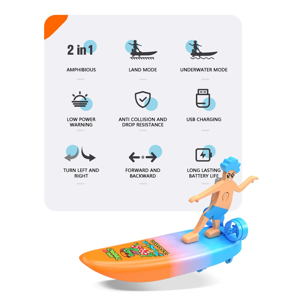 Bateau télécommandé à dérive amphibie, planche de surf 2,4 G, double vitesse, bateau de course à grande vitesse, bateau étanche, jouet de divertissement