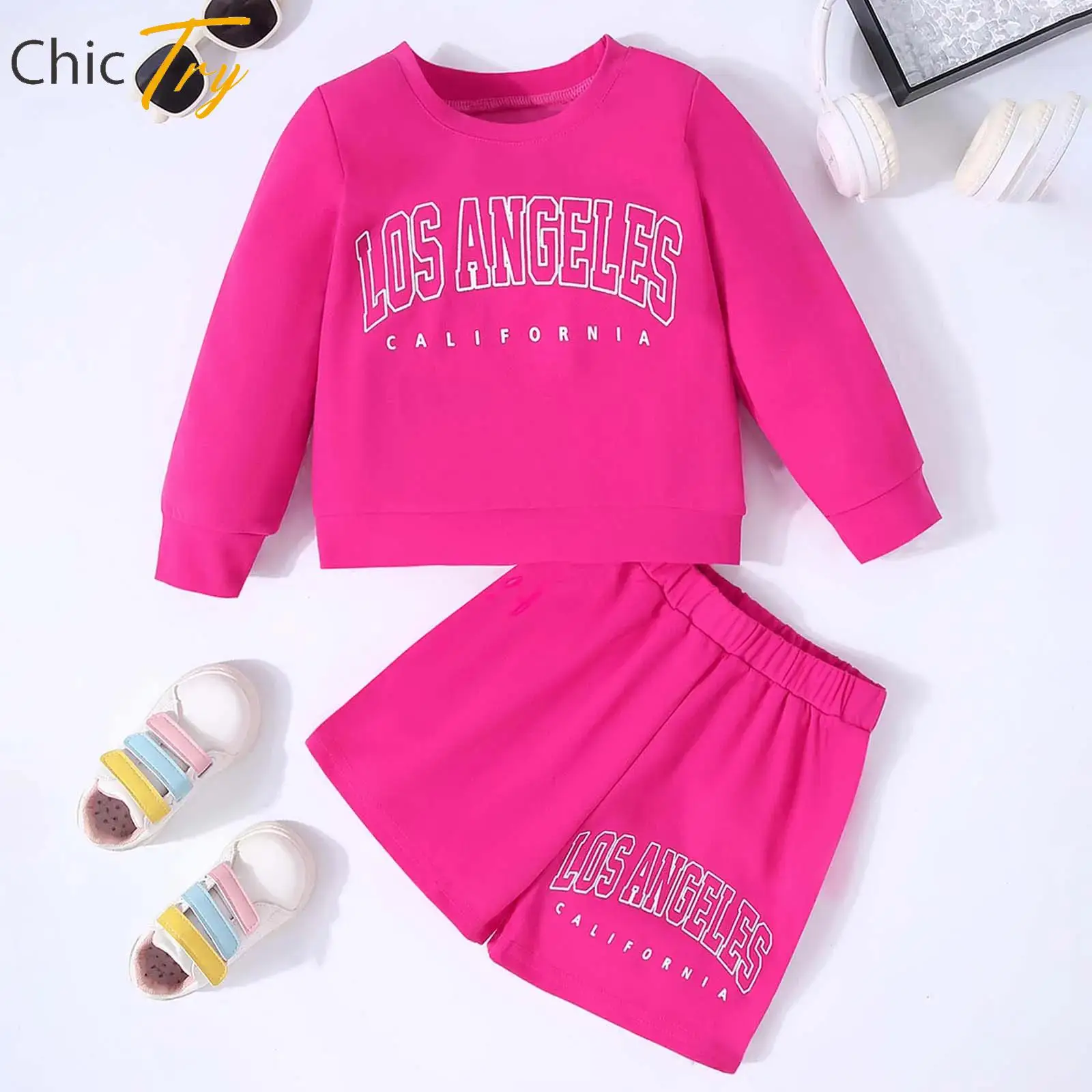 

Hot Pink Kids Girls 2Pcs Stylish Sports Outfit Long Sleeve Sweatshirt with Shorts Suit Tracksuit for Holiday Workout Daily Wear