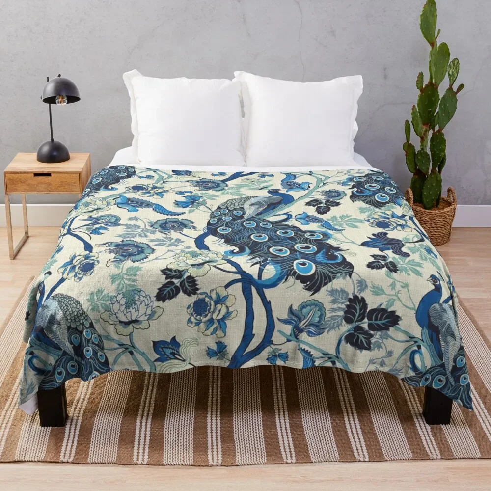 

Chinoiserie Blue Peacocks Linen look, vintage Throw Blanket Nap Multi-Purpose Bed covers for winter Blankets