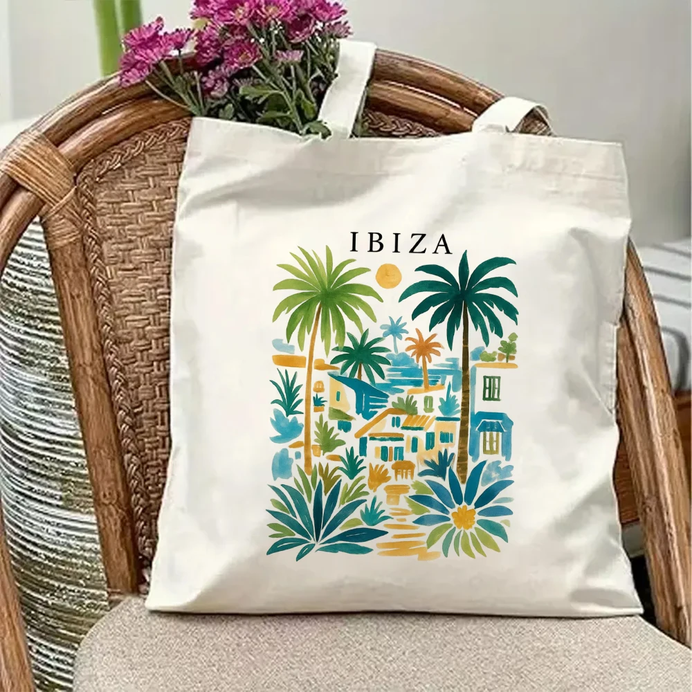 Vintage Ibiza Canvas Tote Bag Retro Spain Island Landscape Palm Tree Print Tropical Beach Vacation Holiday Shoulder Handbag