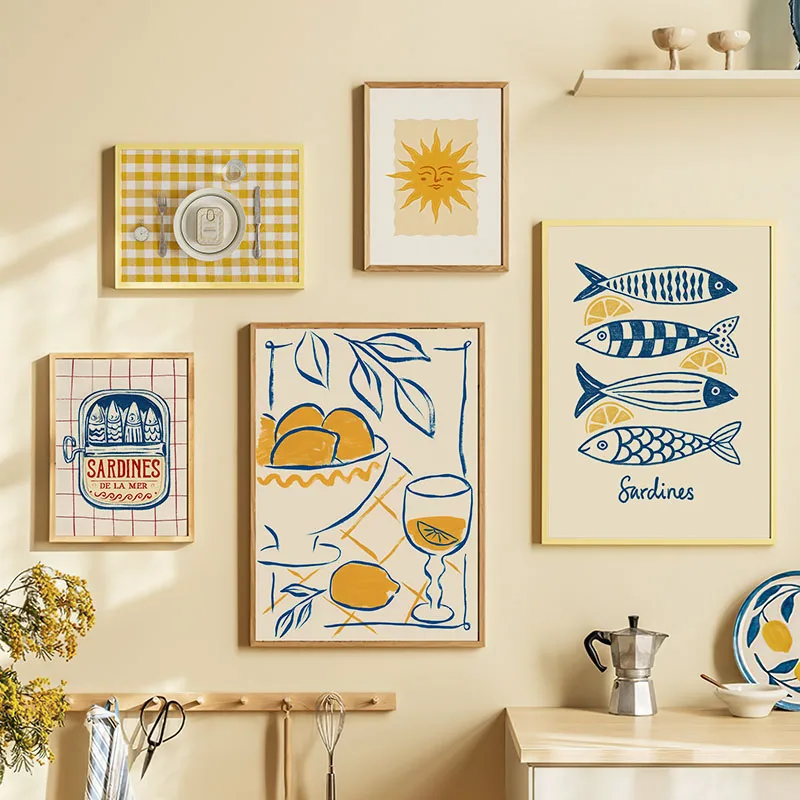 LisbonSun Lemon Drink Fish Wall Art Canvas Painting Vintage Abstract Posters And Prints Hotel Bar Pictures For Living Room Decor