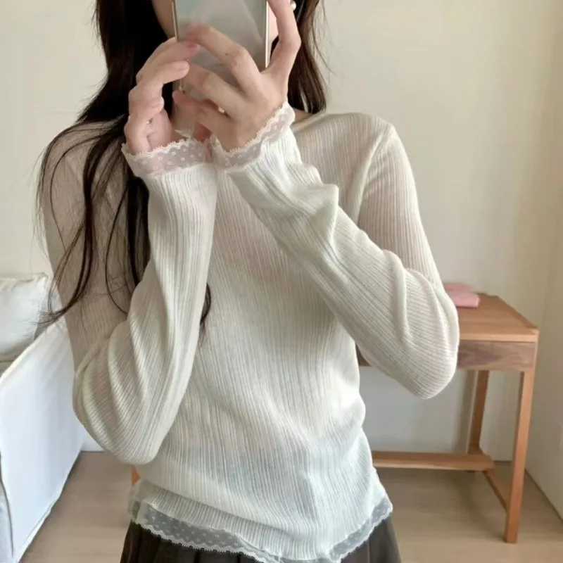 

Женский кружевной мягкий восковой свитер с длинными рукавами и круглым вырезом, трикотаж, женский осенний облегающий топ