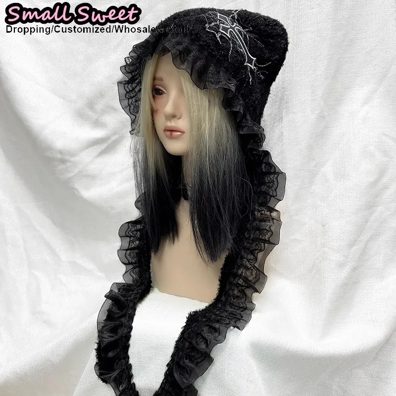 Millennium Gothic Lolita cat ears Y2K Punk cross Beanie Hat Women Cap Autumn Winter falbala lace Hip-hop Pointed knit Hats
