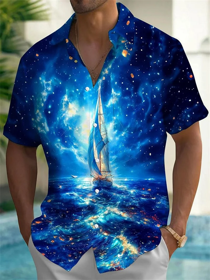 الرجعية خريطة الإبحار المراكب الشراعية وحش البحر طباعة الرجال قميص قصير الأكمام قصيرة الأكمام قميص مطبوع 2025 قميص فضفاض غير رسمي