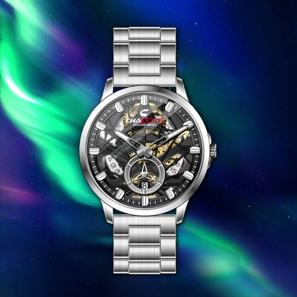 

CHAXIGO 6818, модные брендовые мужские кварцевые часы, механический циферблат, дизайн с автоматической датой, часы с ремешком из нержавеющей стали для мужчин, Reloj