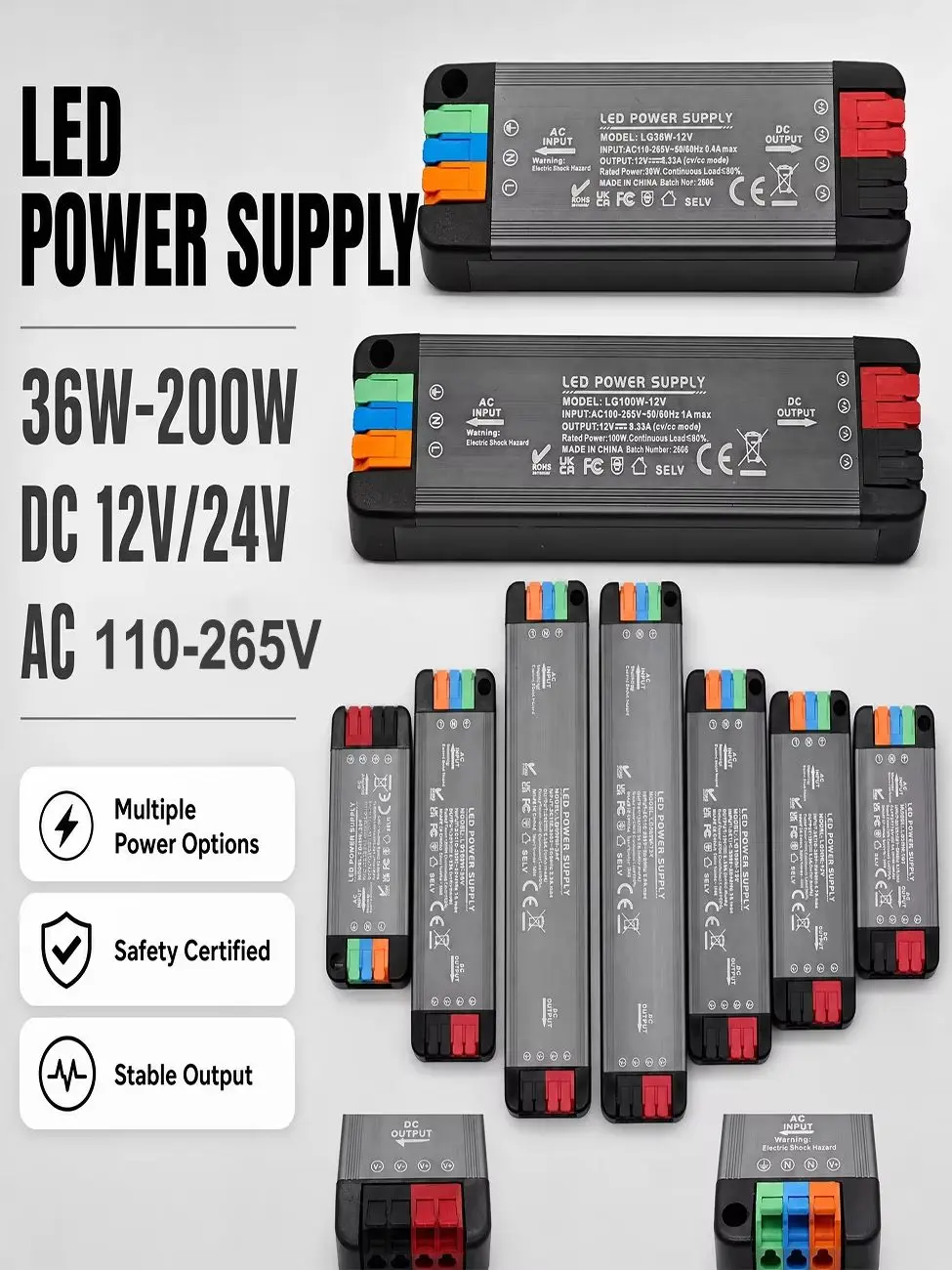 Ultra-cienki zasilacz LED 36W 65W 100W 200W AC 110-265V Kompatybilny na całym świecie DC 12V 24V Cichy transformator oświetleniowy LED — 2