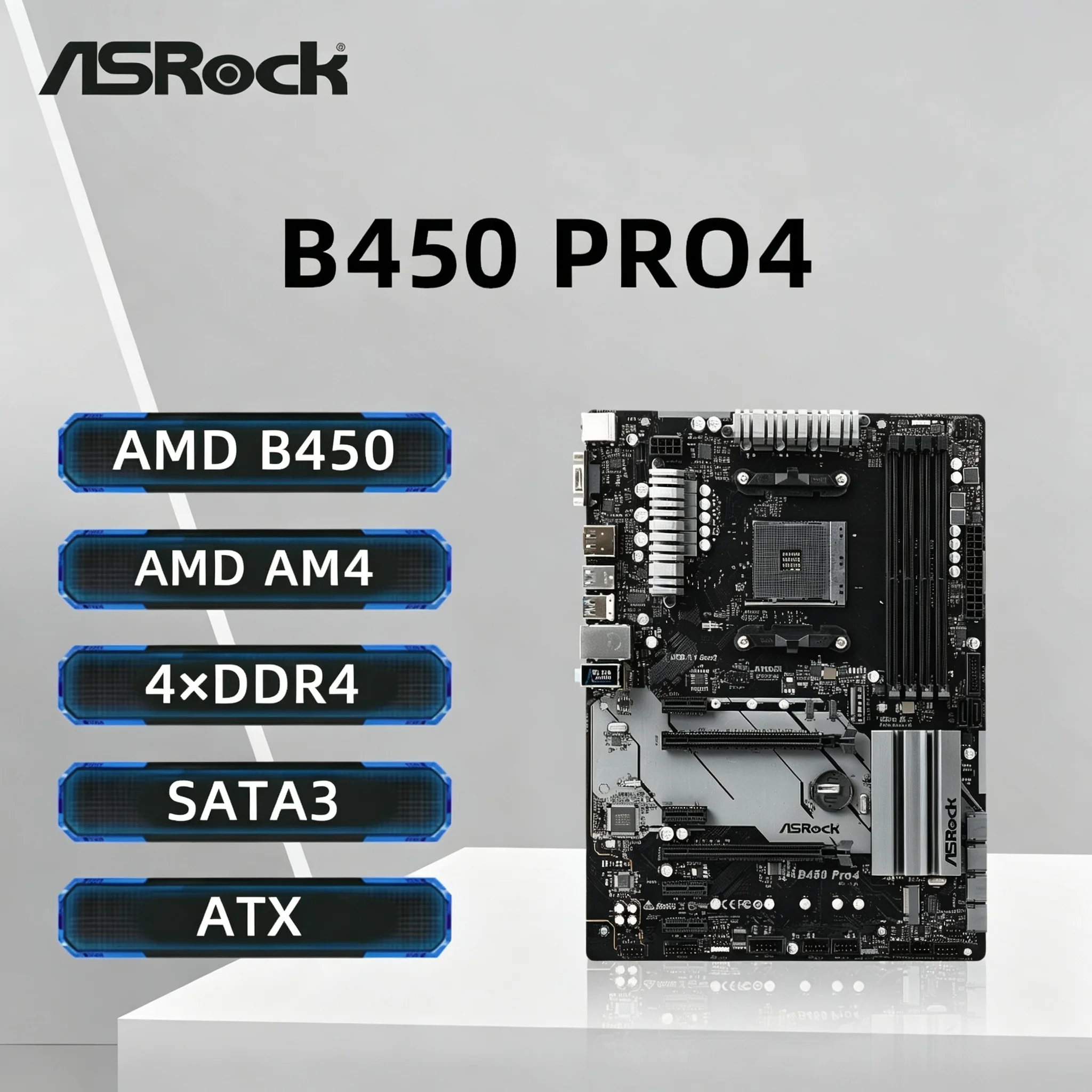 ASRock B450 PRO4 Motherboard AMD B450 DDR4 Memory AM4 Mainboard M.2 NVME ATX (Supports Ryzen 5 5600G R7 5700X3D 5800X CPU)