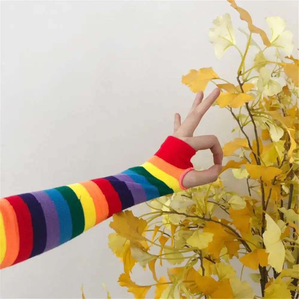 Women Winter Elbow Length Fingerless Arm Sleeve Warmer Rainbow Colored Striped Knitted Sunscreen Girl Halloween Costume Gloves