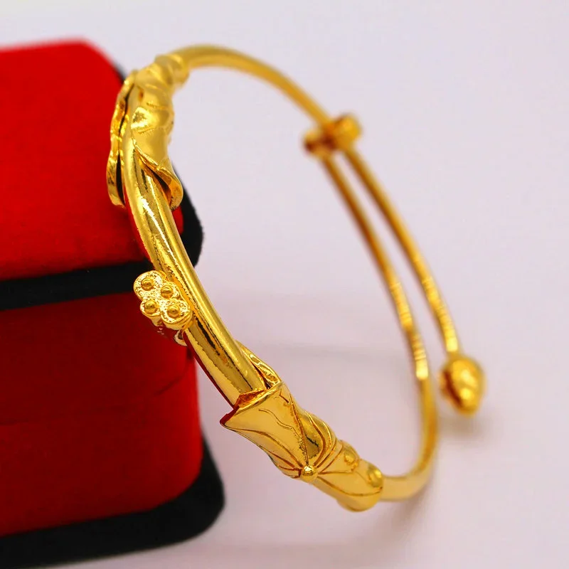 Mencheese-pulsera de estilo étnico de imitación de oro, brazalete de loto brillante ajustable, hebilla de empuje personalizada que combina con todo