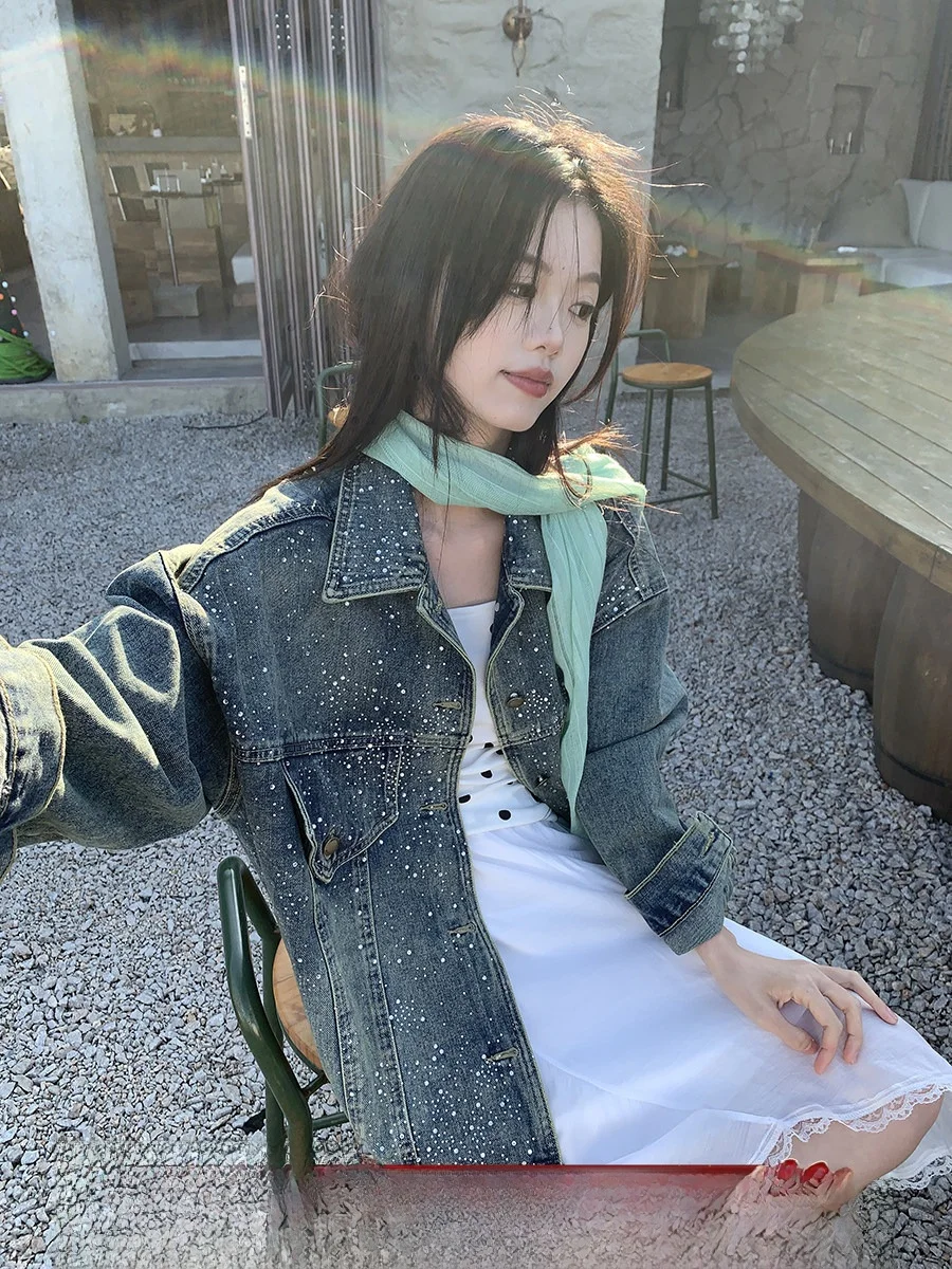 

Heavy Du Rhinestone Collar Single Button Denim Jaet Sweet Cool Girl Spring Casual Loose Fit Long Sve Coat