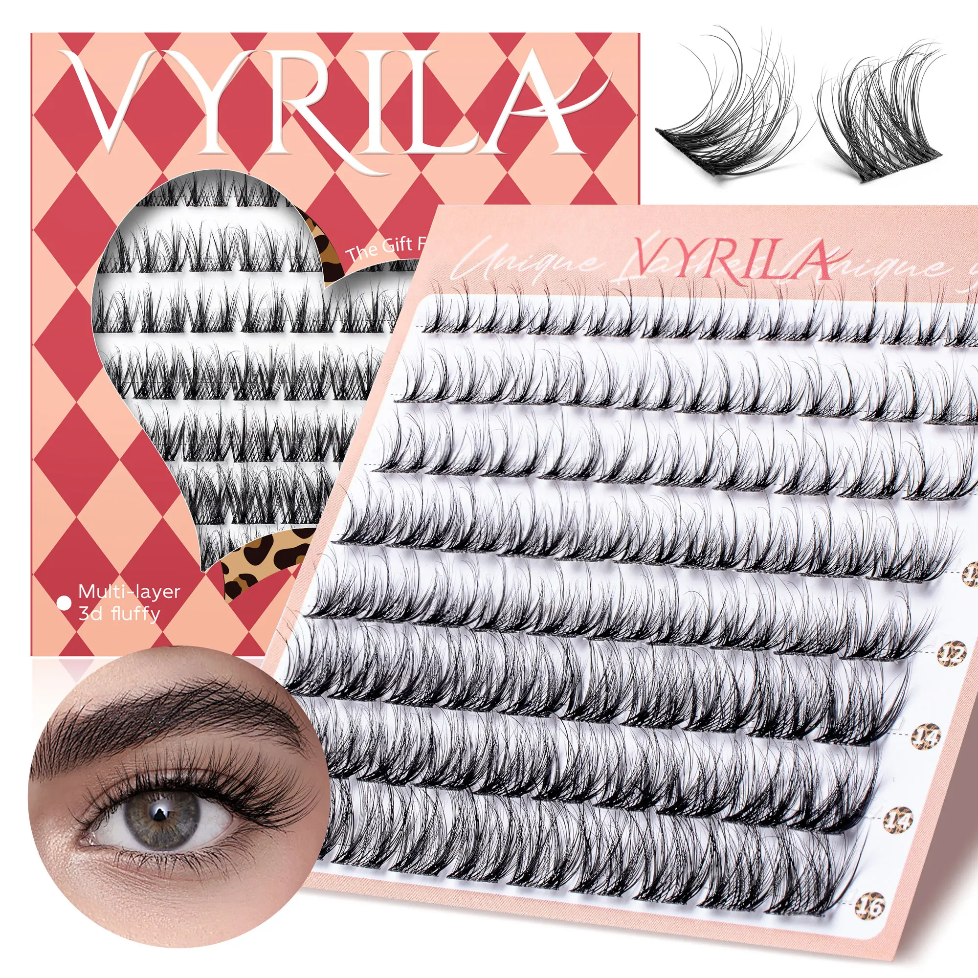 VYRILA Wimpern-Cluster D-Curl DIY Wimpernverlängerung 3D Wispy Einzelwimpern D-Curl Wimpern-Clusters 8-16mm Einzelwimpern