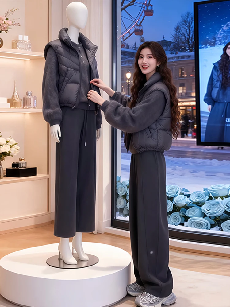 

Повседневный универсальный комплект футболок, хлопковый жилет, круглый лоскутный свитер на молнии с высокой талией, длинные брюки с эластичной резинкой на талии