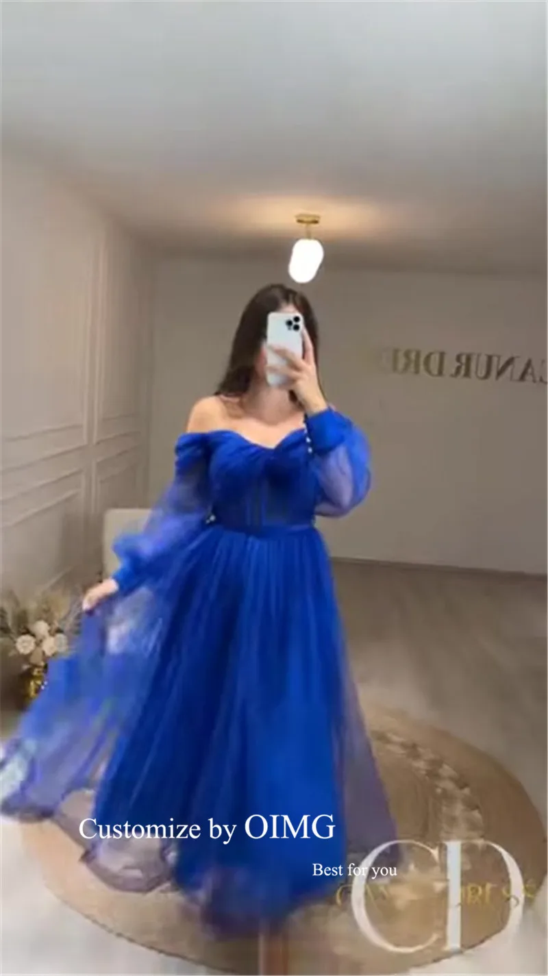 

Royal Blue Tulle Puff Long Sleeves Prom Dresses Plus Size Sweetheart Vintage Ankle Length Arabic Women Evening Party Gowns