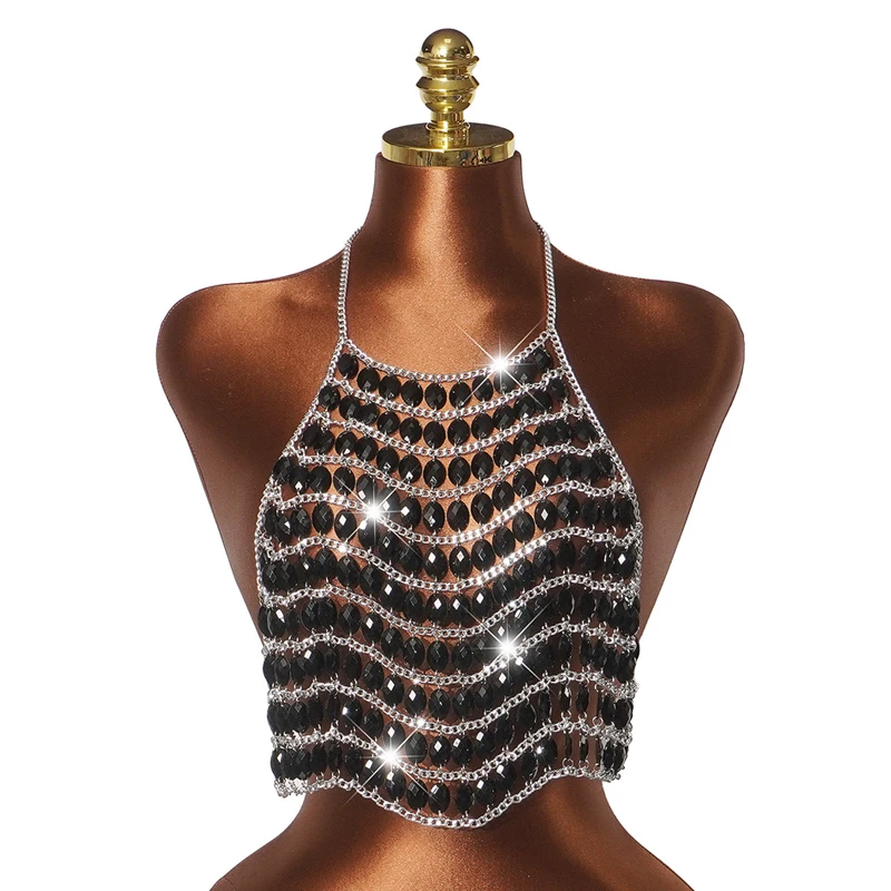 Hochwertiges Damen-Top mit schwarzer Perlenkette, Neckholder, Acryl, mehrlagig, Bustier, Crop-Top, sexy, ausgehöhlt, Nachtclub-Tanktop – Detail 6