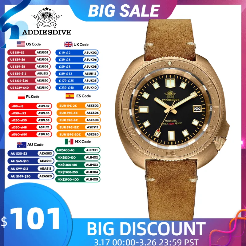 ADDIESDIVE Top brand CUSN8 Bronze Case Men Watch C3 Super Luminous Sapphire Crystal 20Bar waterproof Automatic Mechanical Watch