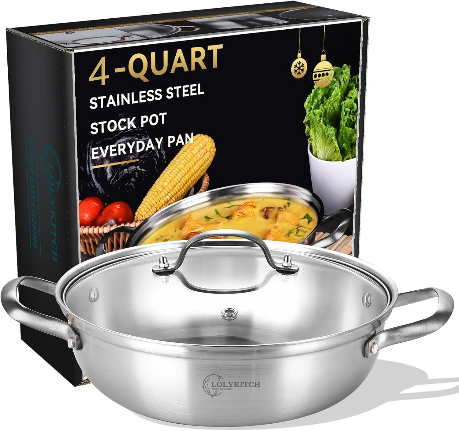 

12-Inch Tri-Ply Stainless Steel Sauté Pan with Lid, 4 QT Hot Pot, Induction Compatible, Dishwasher Safe