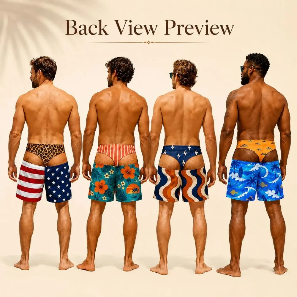 Funny Men's Swim Trunks, Novelty Beach Shorts with Faux Underwear Print, Quick Dry Stretch Board Shorts, Summer Gift for Him
