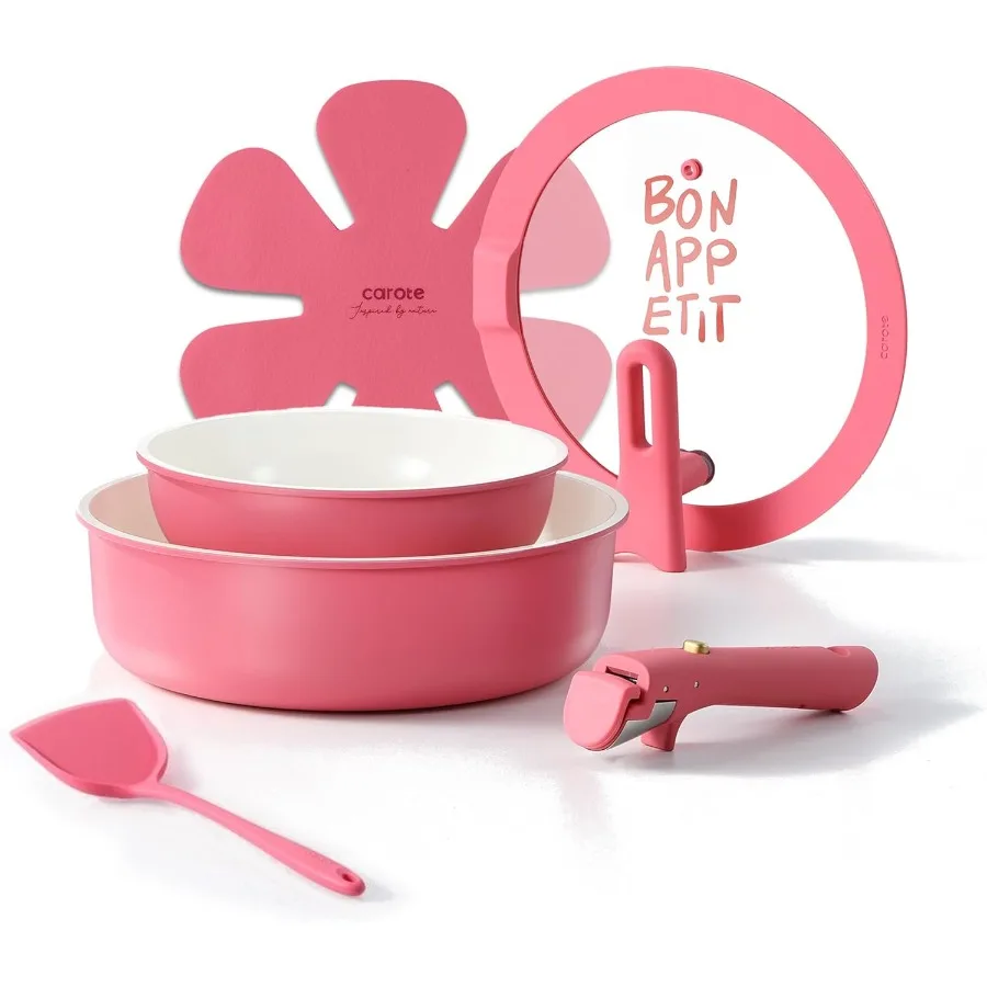 

Pink Ceramic Pots and Pans Set with Lid Detachable Handle Saute Pan Set Non Stick Non Toxic Frying Pan Oven Safe and Induction
