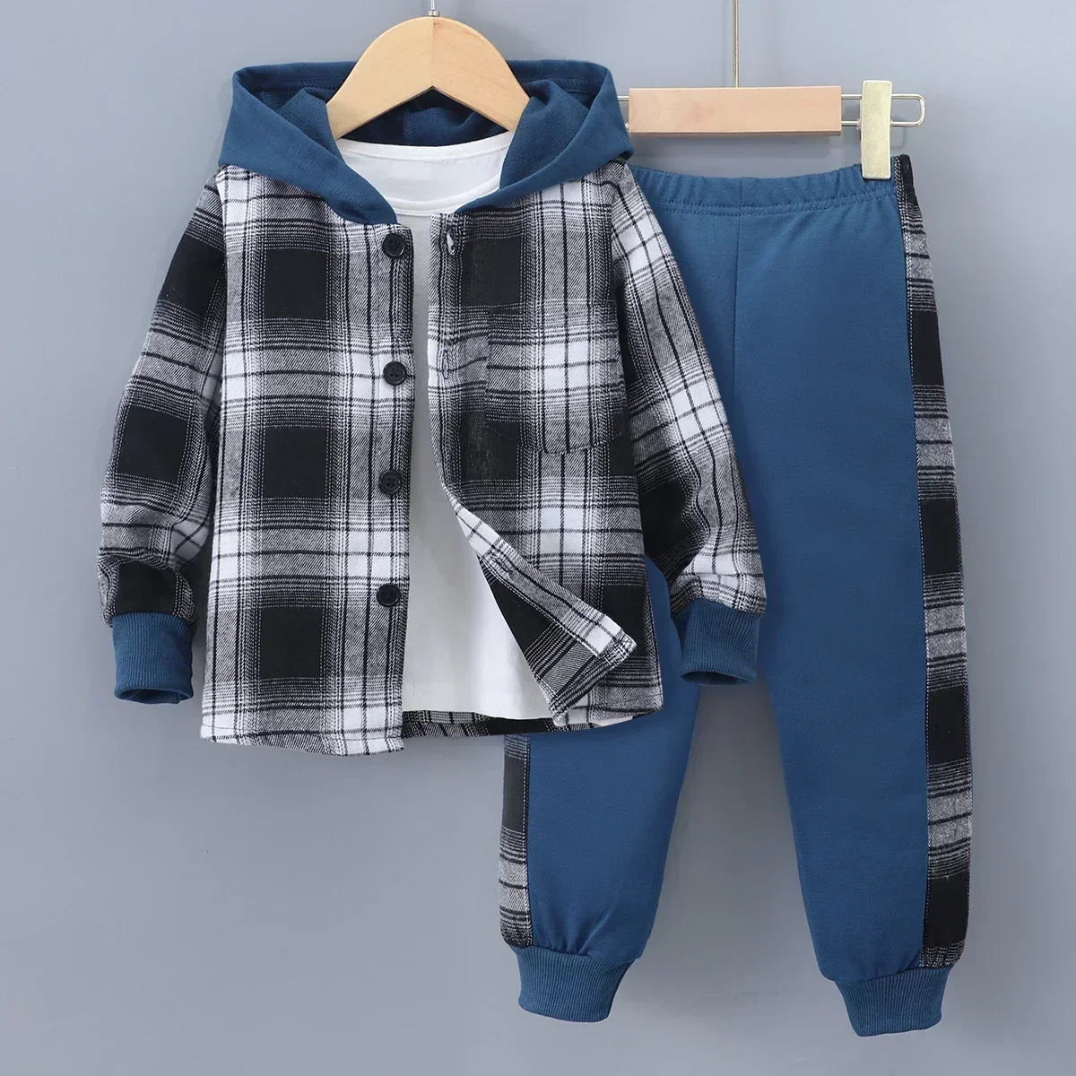 2024 Autumn Children\'s Clothing Set Kids Boy Outfit 3-7Y Long Sleeve Checker Contrast Hoodie Casual Baby Boys Suit