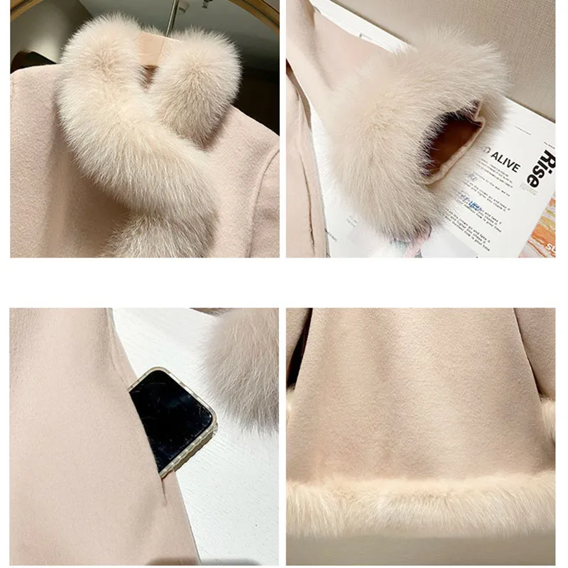 New Autumn Winter Imitation Fox Fur Shawl Women Overcoat Loose Length Double-Sided Woolen Cloak Thicke Coat Female Outwear Parka