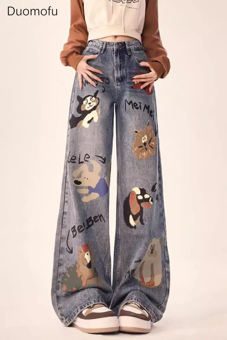 Duomofu 가을 플러시 스타일 세련된 달콤한 낙서 느슨한 여성 청바지 새로운 기본 높은 허리 슬림 캐주얼 스트레이트 패션 여성 청바지