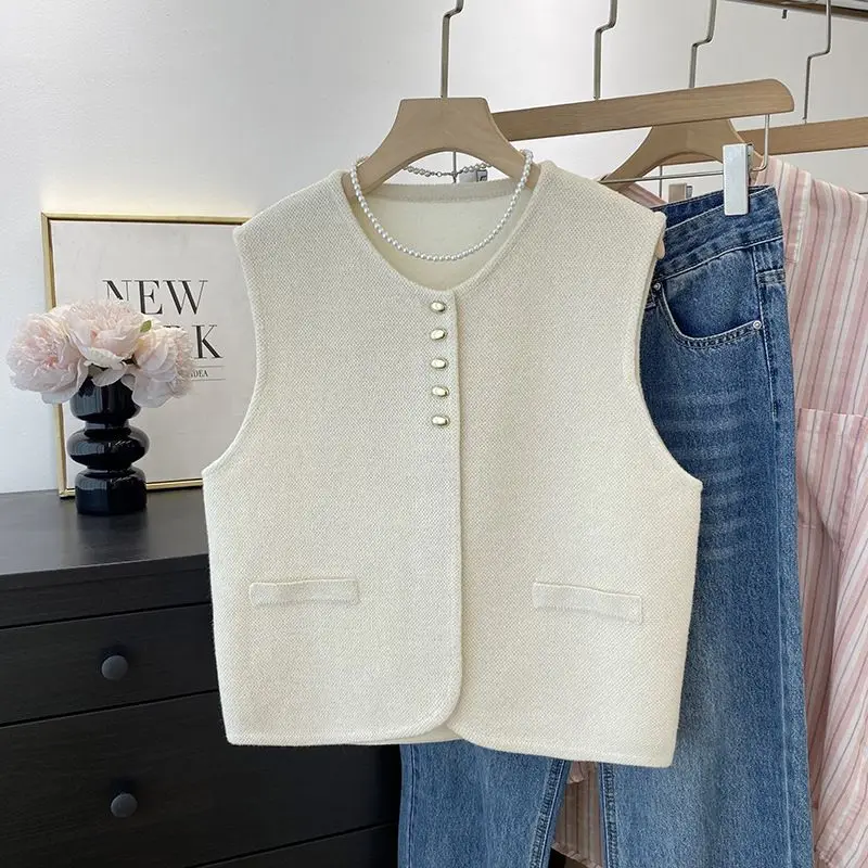 Spring Autumn Round Neck Solid Button Sleeveless Cardigan Coats Casual Loose Women's Clothing Jackets Flattering All-match Tops