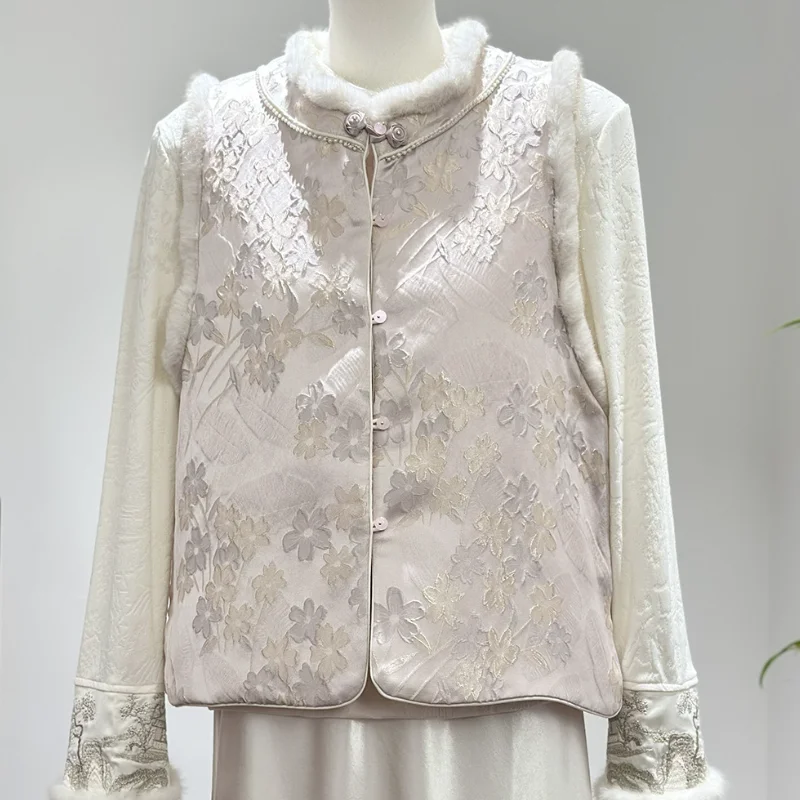 Women Autumn Winter Coat Jacquard Mandarin Collar Jacket Embroidery Long Sleeve Patchwork Chinese Clothes Vintage Button Blouse
