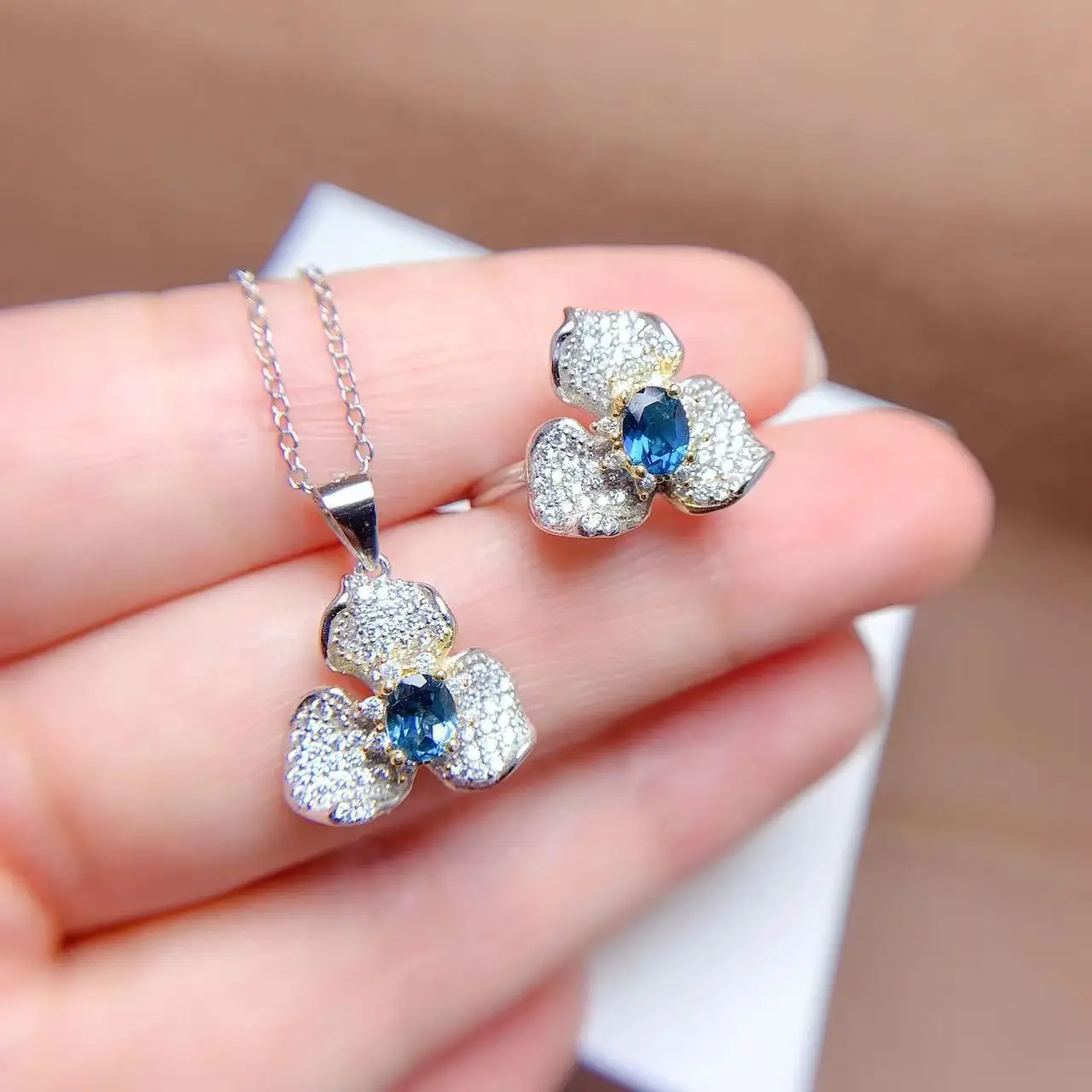 Elegant 925 Silver Ring and Pendant Jewelry Set for Daily Wear 3*4mm Total 0.3ct VVS Grade Natural London Blue Topaz Jewelry Set