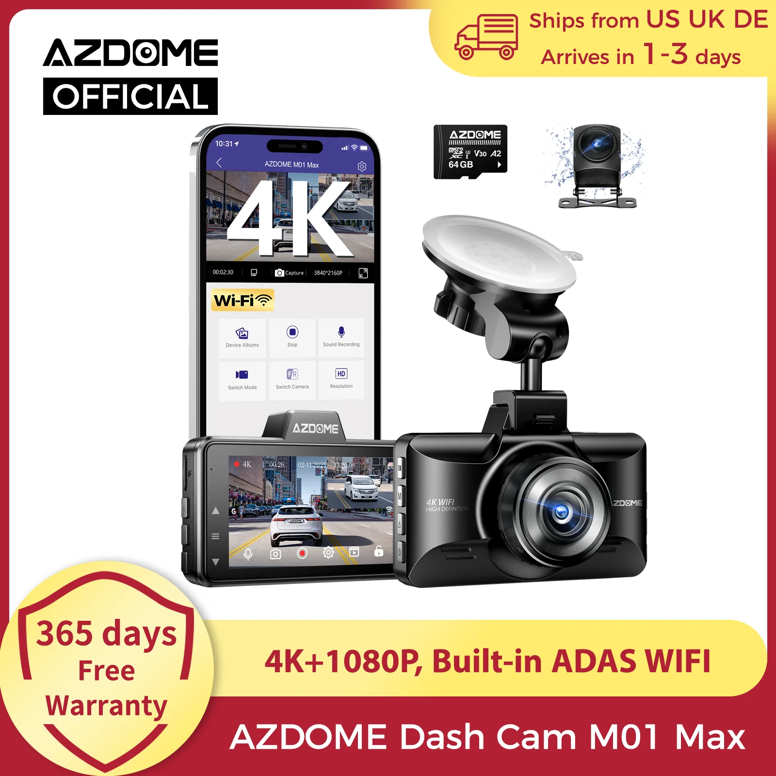 كاميرا AZDOME 4K Dash Cam M01 Max 3 بوصة كاميرا أمامية وخلفية للسيارة مدمجة ADAS Wifi G-Sensor Car DVR وضع وقوف السيارات 24H