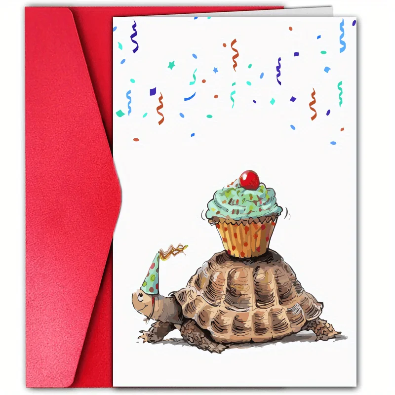 Encantadora tarjeta de cumpleaños con forma de tortuga con sombrero y pastelito - Perfecta para celebrar con un cónyuge, hermano, hermanas o un amigo.