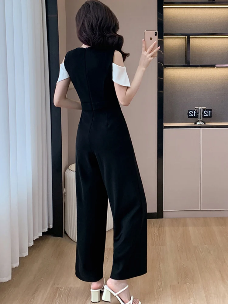 Korean Fashion Sexy Off Shoulder Slim Jumpsuit For Women Office OL Elegant Hit Color Patchwork High Waist Wide Leg Rompers 2024