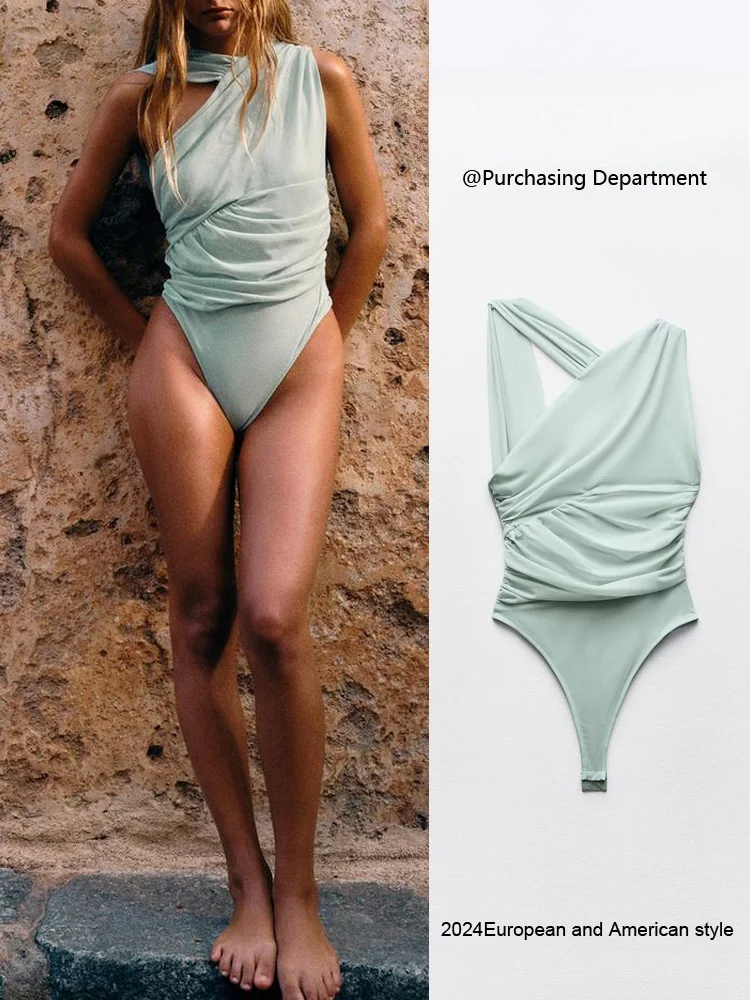 

Summer New Women's Waist-Cinching Asymmetric Pleated Silk Mesh Jumpsuit Commute Style Regular Thickness Mid-Waist Short Pants