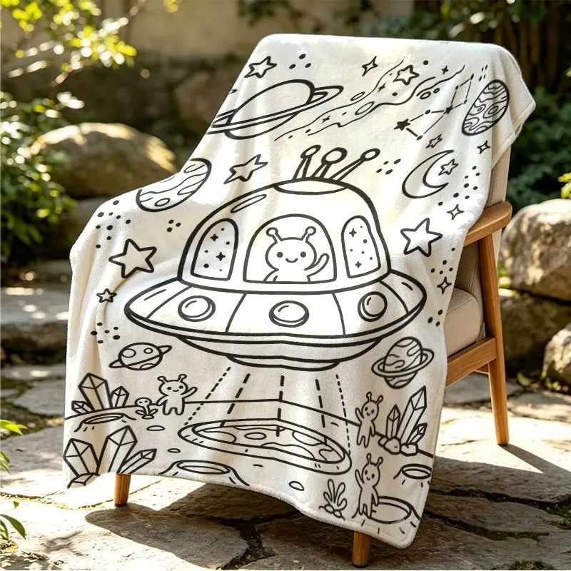 Line Art UFO Alien Space Planet Pattern Throw Blanket Soft Flannel for Kids Bedroom Sleeping Nook Warm Home Decor Gift