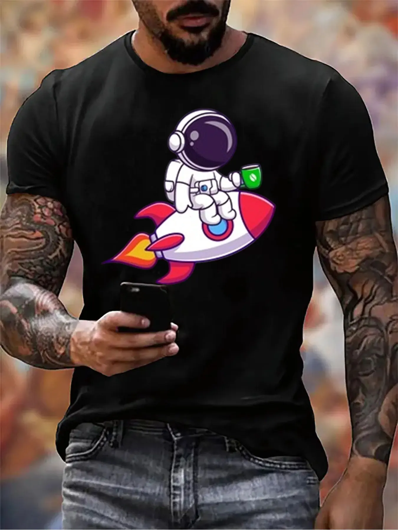 

Men's Cotton Astronaut Rocket Print Tee For Christmas Gift, Soft Crew Neck Shirt For Outdoor Activities, Top For Him