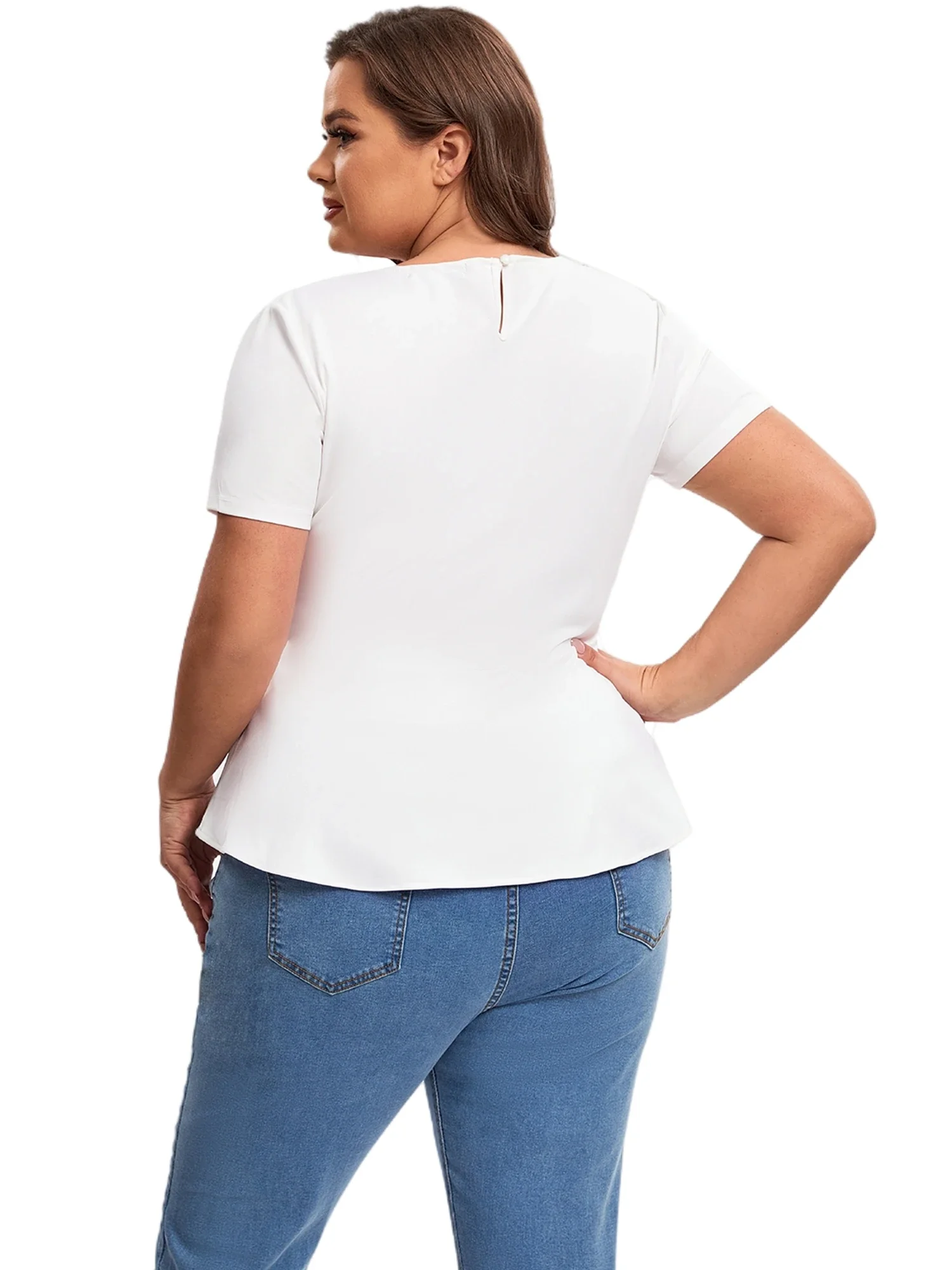 Plus Size Kurzarm elegante Sommer Schößchen Tops Frauen Schlüssel loch zurück Rüschen T-Shirt T-Shirt Bluse plus Größe Kleidung Frauen 5xl 6xl