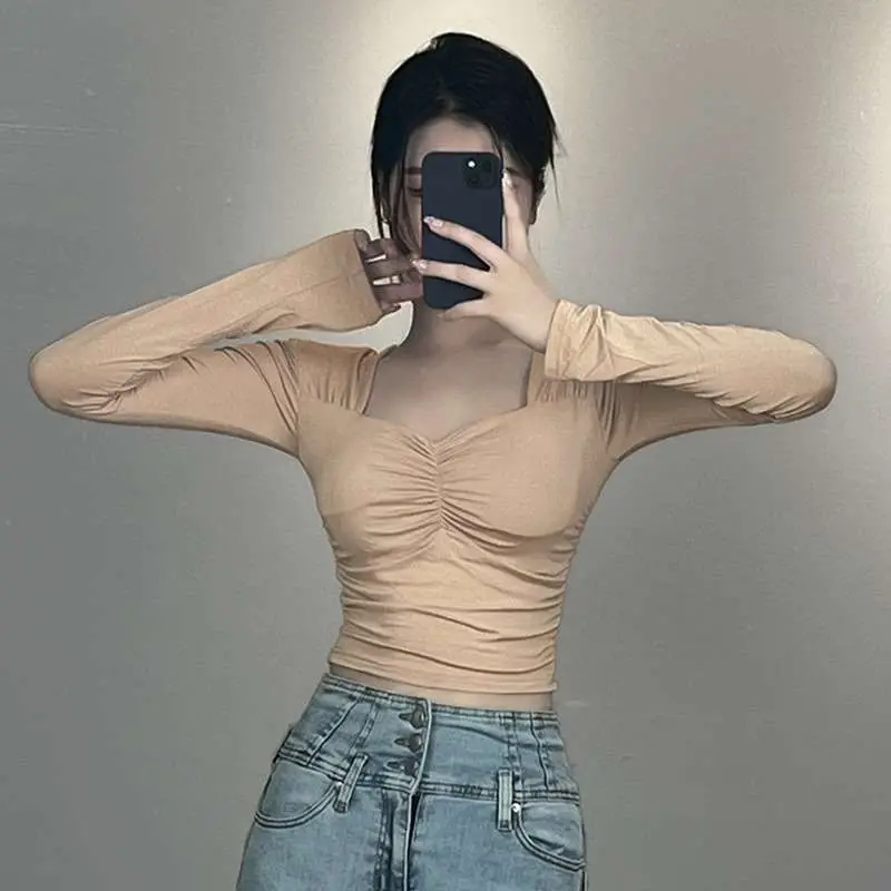 

Ele Slimfit Lowcut Chestrevealing Pleated Tirt for Women Commute Sle Long Sve Ultra ort Length Color