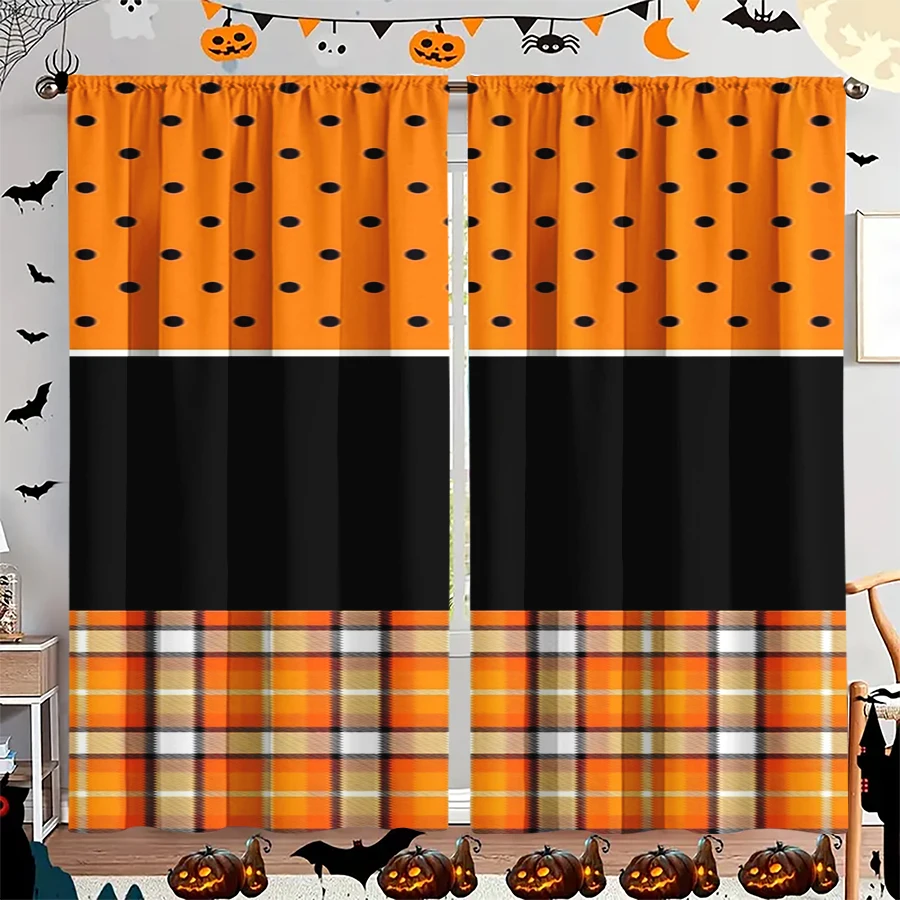 2PCS Digital Print Curtain, Orange Black Polka Dot Plaid Stripe Panel, Halloween Vintage Plaid for Bedroom Living Room