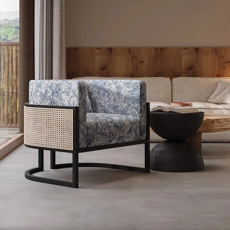 

#Wooden Wabi Sabi Middle Ancient Style Single Sofa Chair, Homestay Balcony Leisure Chair, Solid Wood Fabric Single Chair