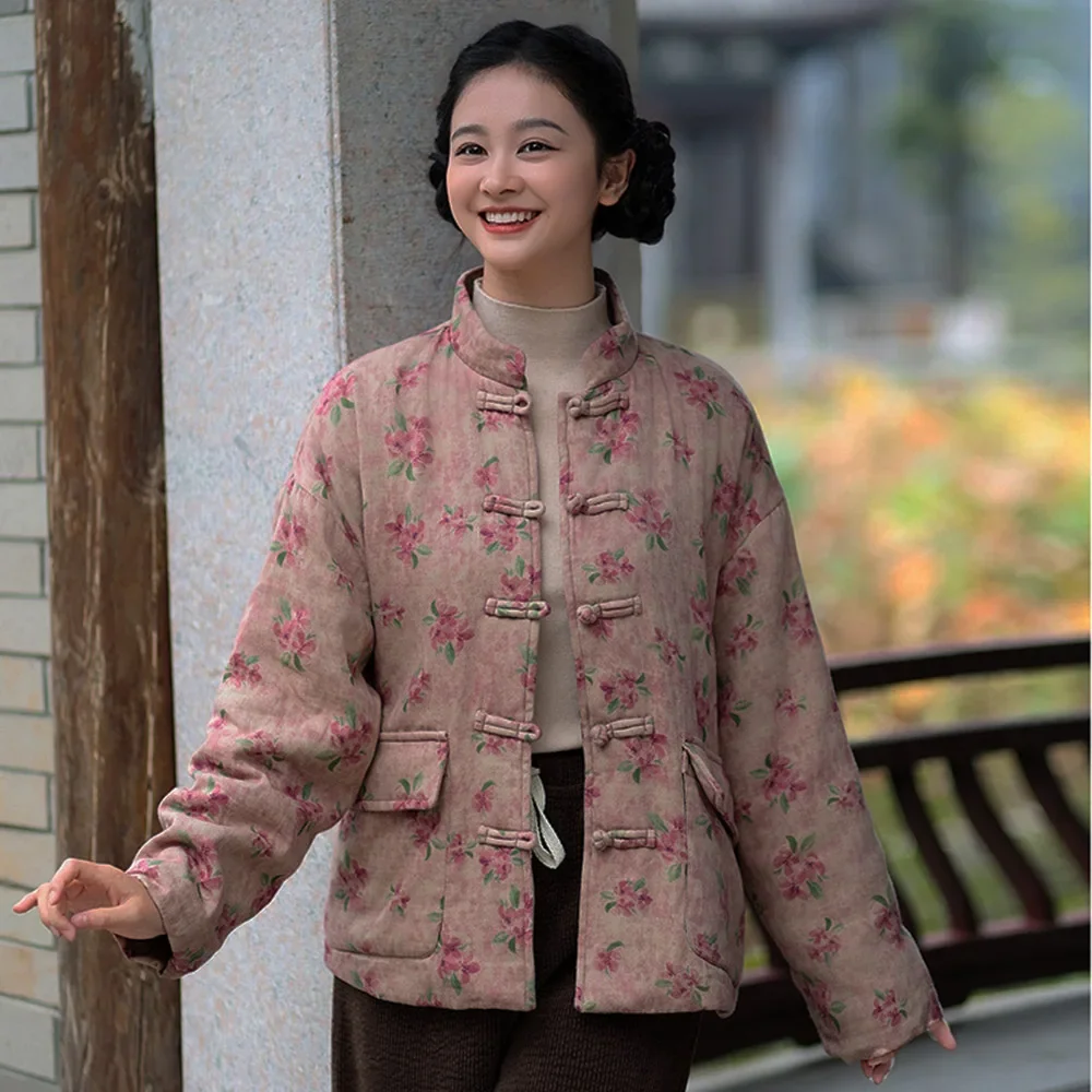 Jaqueta feminina forrada de lã flor casual retrô sapo botão estilo country chinês algodão linho casaco curto outwear com bolsos