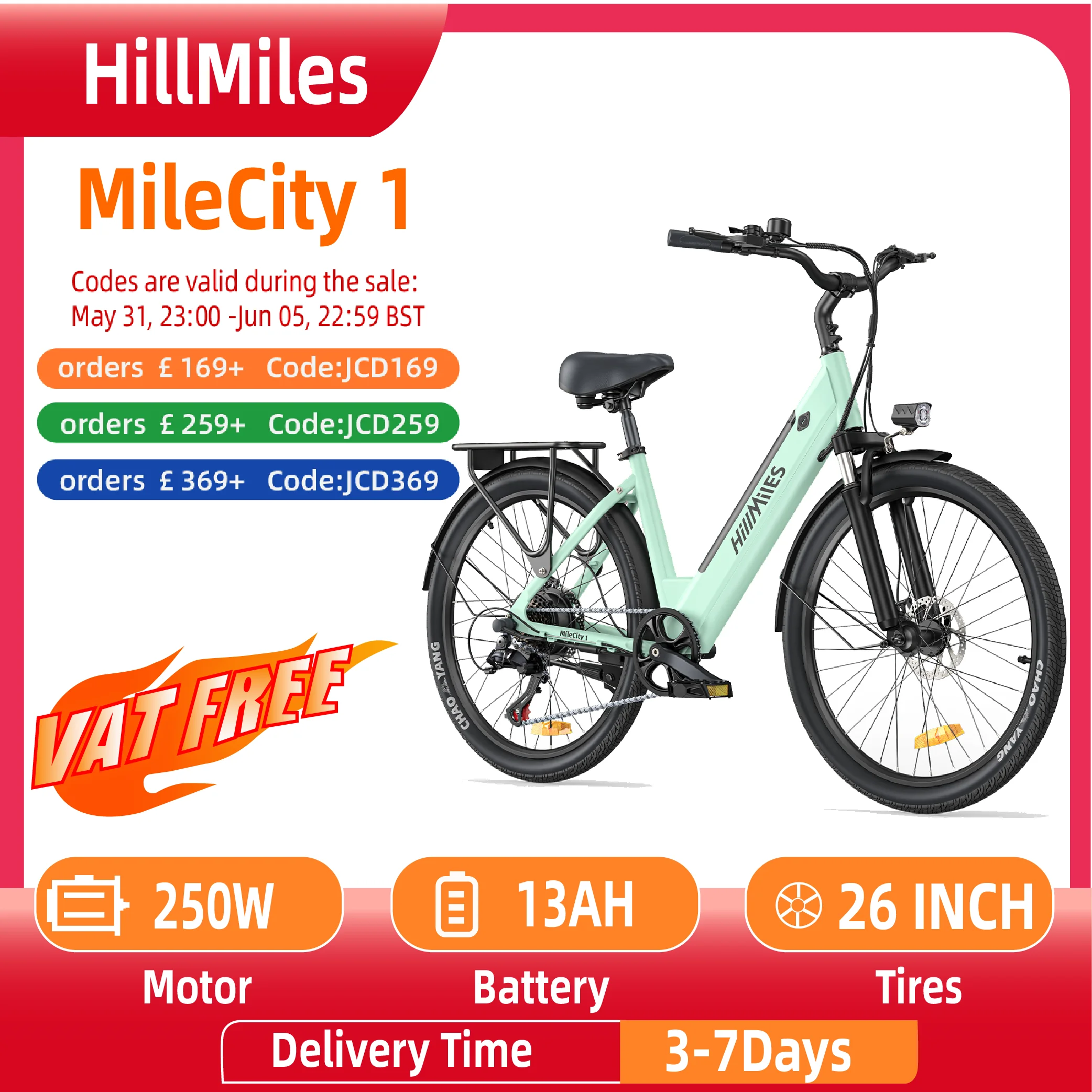 AliExpress HillMiles MileCity 1 Adult E-bike, 250W road electric bicycle, 36V 13Ah battery, 26-inch tire city