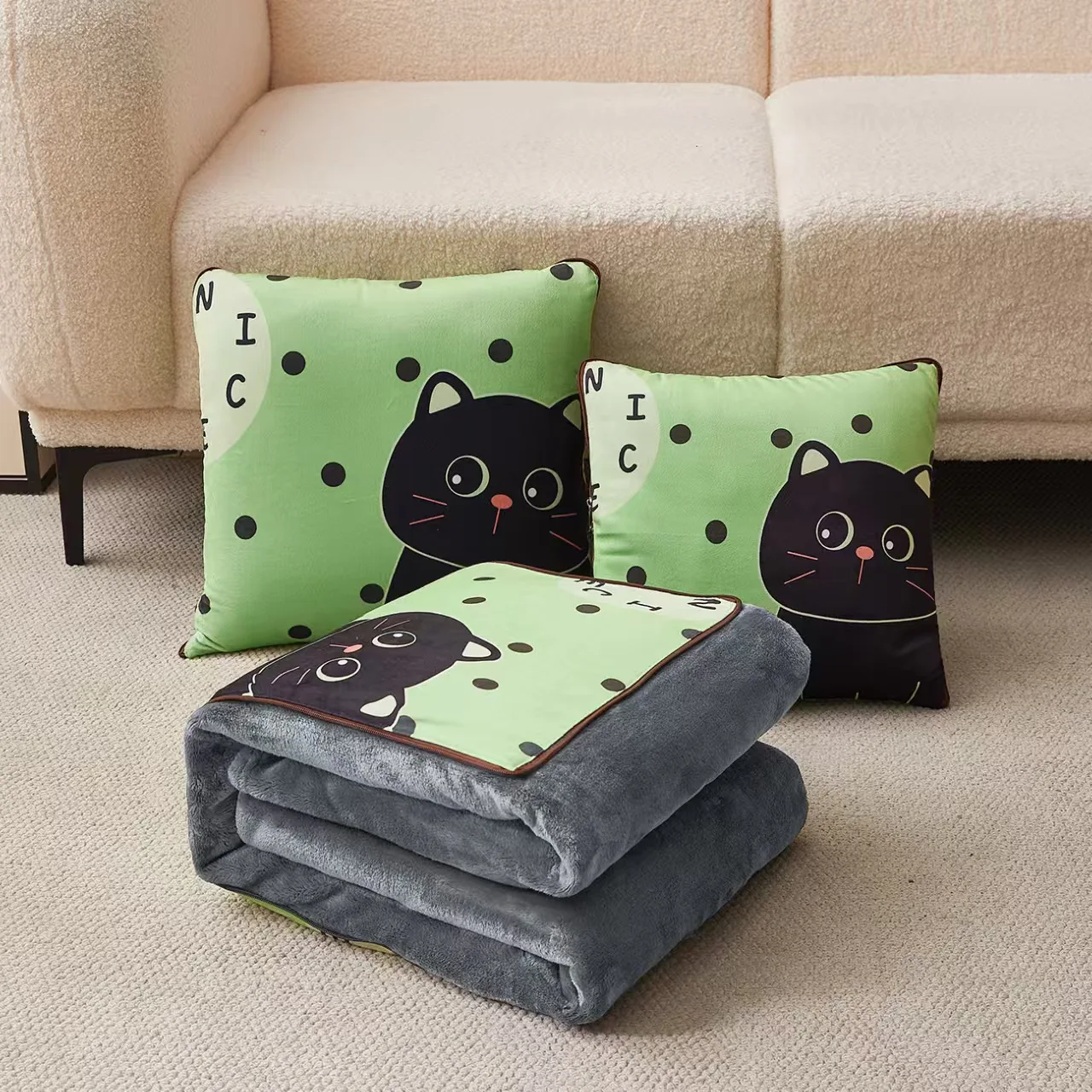 Autumn & Winter Cartoon Printed 2-in-1 Multi-Functional Pillow Blanket - Dual-Use as Throw, Shawl, Nap Blanket & Small Coverlet